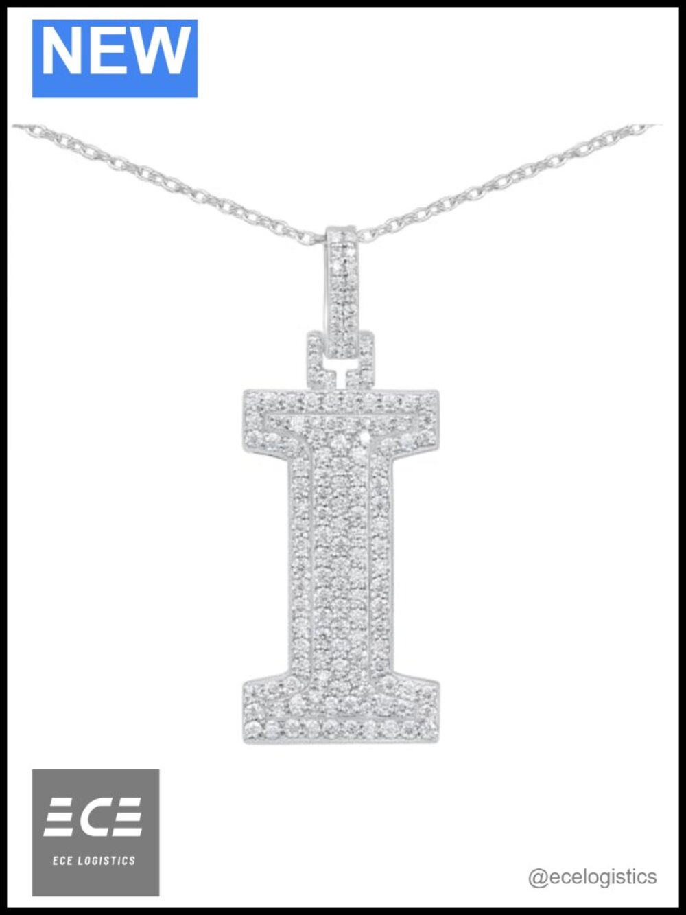 White Gold Plated Moissanite Initial Letter I Pendant Necklace 925 Sterling